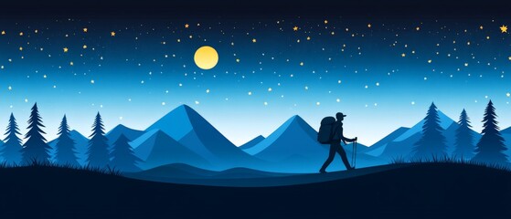 Obraz premium Starry mountain nightscape with hiker gazing at glowing horizon, pine forest, and vivid Milky Way, evoking solitude and cosmic wonder