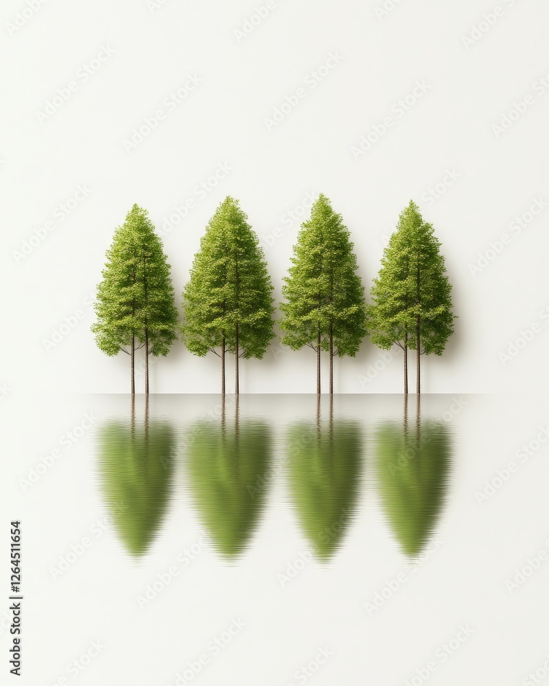 Poster row of reflective trees mirrored on calm water with clear sky, creating a serene natural scene symbo