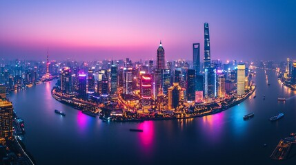 Fototapeta premium Panoramic night view of illuminated cityscape with river.