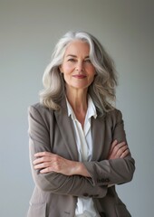 A middle-aged western woman portrait blazer hair.