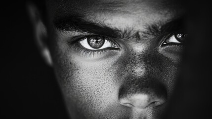 Fototapeta premium Intense gaze, man's face, close-up, dark background, emotional portrait