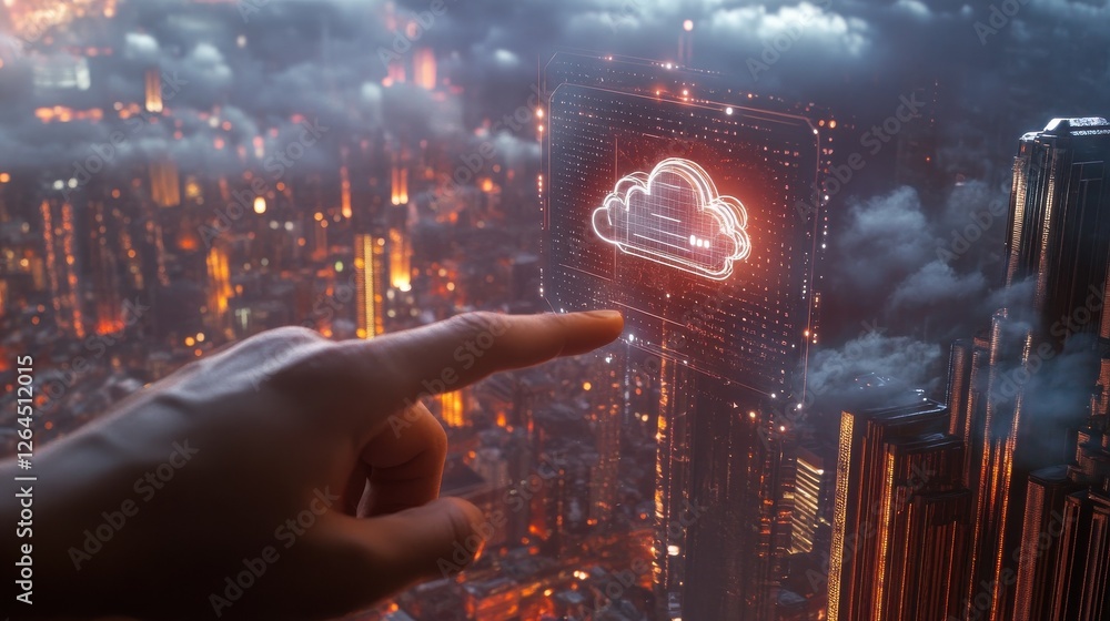 Poster cloud service concept with man finger touching digital screen with cloud service application icons a
