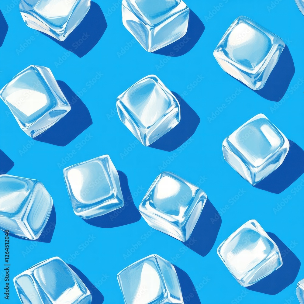 Poster multiple ice cubes scattered on a vibrant blue background creating a refreshing summer vibe for drin