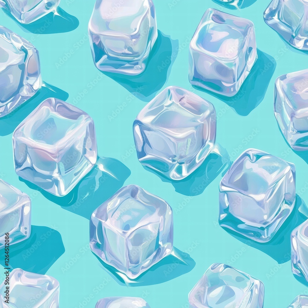 Poster ice cubes scattered on a vibrant turquoise background reflecting light in a playful arrangement. gen