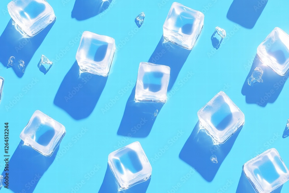 Poster clear ice cubes scattered on a bright blue surface creating interesting shadows and reflections unde