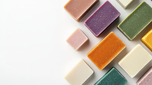 Colorful soap bars arranged neatly on white background, showcasing various shapes and textures