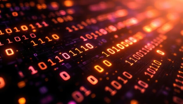 Abstract digital binary code background in warm red and orange tones