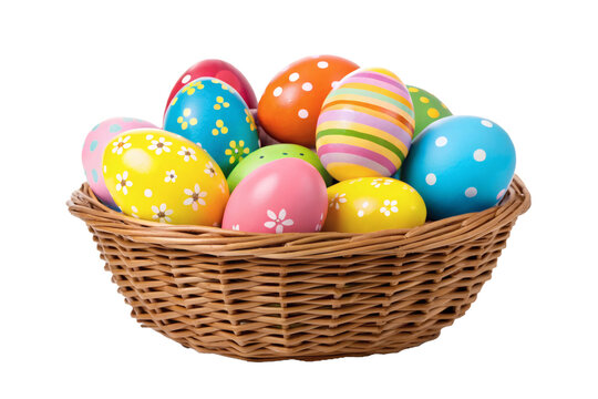 Brightly painted Easter eggs with various patterns in a wicker basket. Easter celebration and decoration