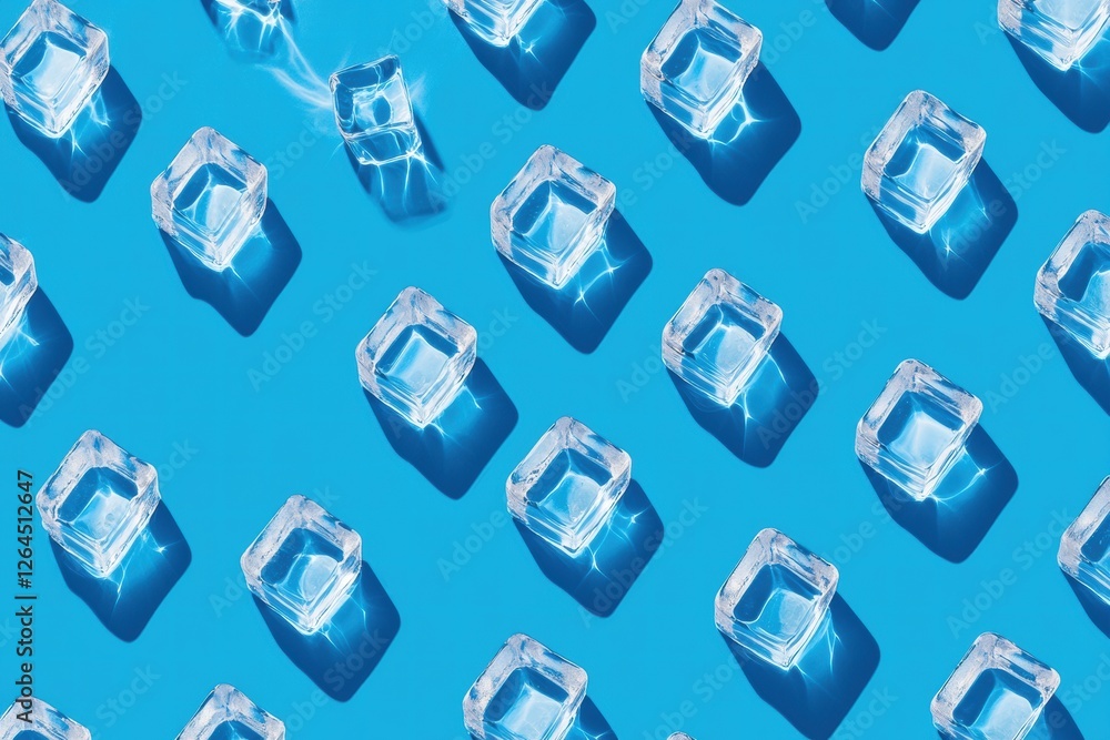 Poster ice cubes arranged in a grid pattern on bright blue background highlighting reflections at midday. g