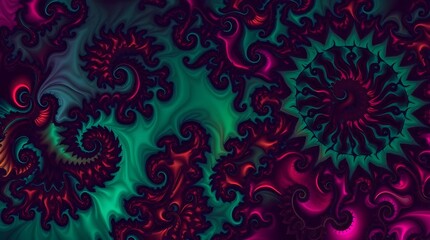 High-resolution abstract background image displaying intricate fractal patterns in a deep, rich palette of jewel tones, exhibiting a sense of depth and complexity.