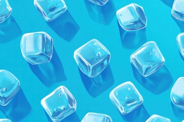 Ice cubes scattered on a vibrant blue surface reflecting light with droplets of water. Generative AI