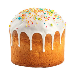 Sweet Easter cake topped with white icing and colorful sprinkles, isolated, festive celebration