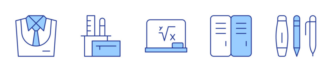 pencil case, stationery, uniform, board, locker. School Icon vector illustration. Line Duotone style. Editable stroke