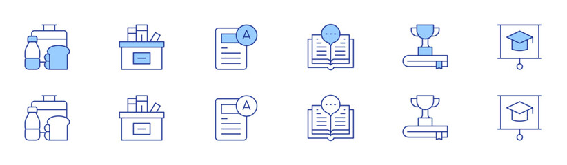 School icon set in two styles, Duotone and Thin Line style. Editable stroke. lunchbox, exam, trophy, box, read, education