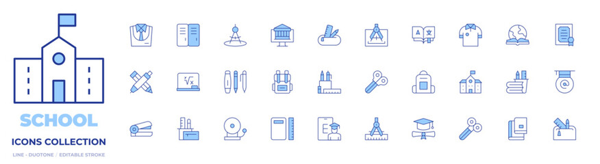 School icons collection. Line Duotone style, editable stroke. pencil case, graduate, school supplies, stapler, stationery, uniform, backpack, board, compass