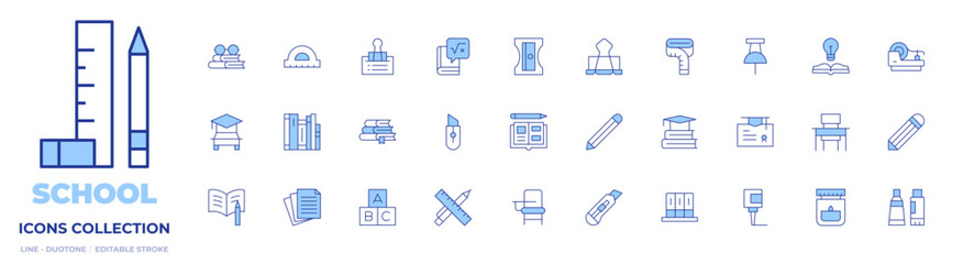 School icons collection. Line Duotone style, editable stroke. ink, college, glue, idea, pencil, school desk, tape, archive, books, cutter, education, measuring tape