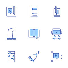 School icons set. Line Duotone style, editable stroke. abacus, bell, binder, book, files, high school, magazine, school bus