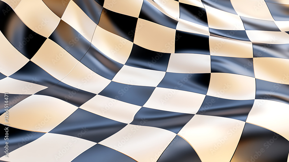Poster flowing checkered design in motion with black and white squares pattern optical illusion style