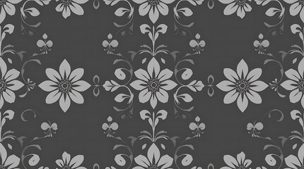 High-resolution abstract background image featuring a seamless repeating pattern of stylized floral motifs in monochrome, with a high level of detail, in a landscape orientation.