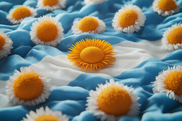 Argentinian Flag Adorned with Sunflowers and Daisies