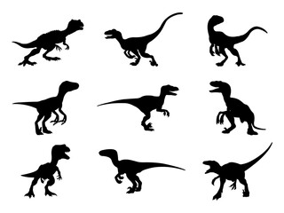 Set of Velociraptor Silhouette in various poses isolated on white background