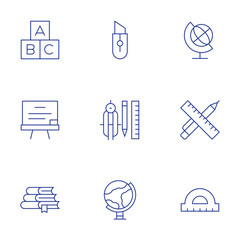 School icons set. Thin Line style, editable stroke. alphabet, blackboard, book, cutter, earth, edit tools, globe, pen, protractor