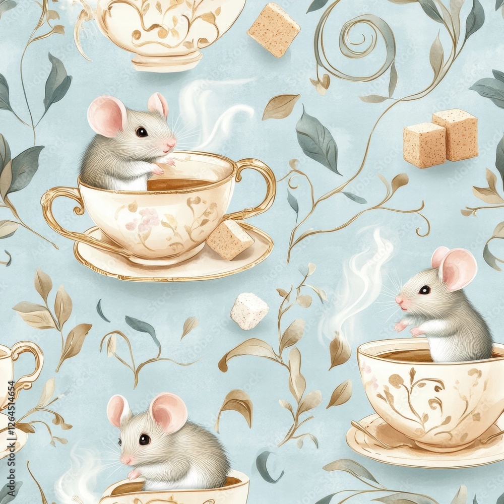 Poster cute mice enjoying tea in elegant cups with decorative patterns and surrounding leaves in a charming