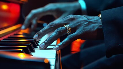 This video captures the essence of music through hands on a piano. The vibrant colors evoke emotion and energy. Perfect for projects about music and performance. Generative AI