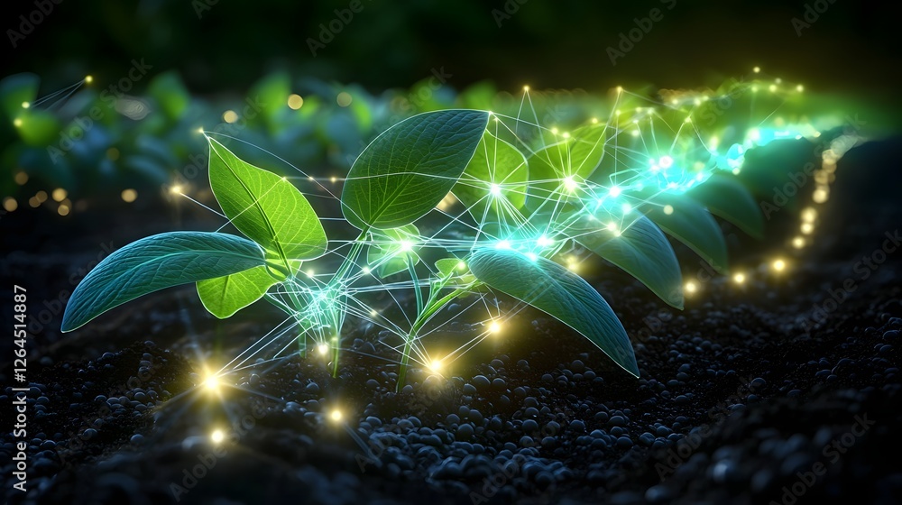 Poster Lush green soybean plants stretching endlessly toward the horizon illuminated by glowing ethereal data points creating a captivating futuristic agricultural landscape
