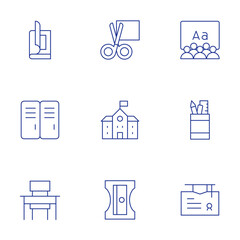 School icons set. Thin Line style, editable stroke. magazine, scissors, locker, school, stationery, college, school desk, sharpener, class
