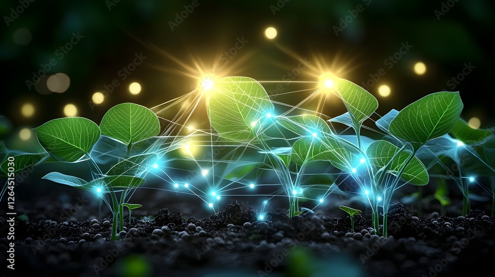 Poster endless expanse of lush soybean plants with shimmering luminescent data points scattered throughout 
