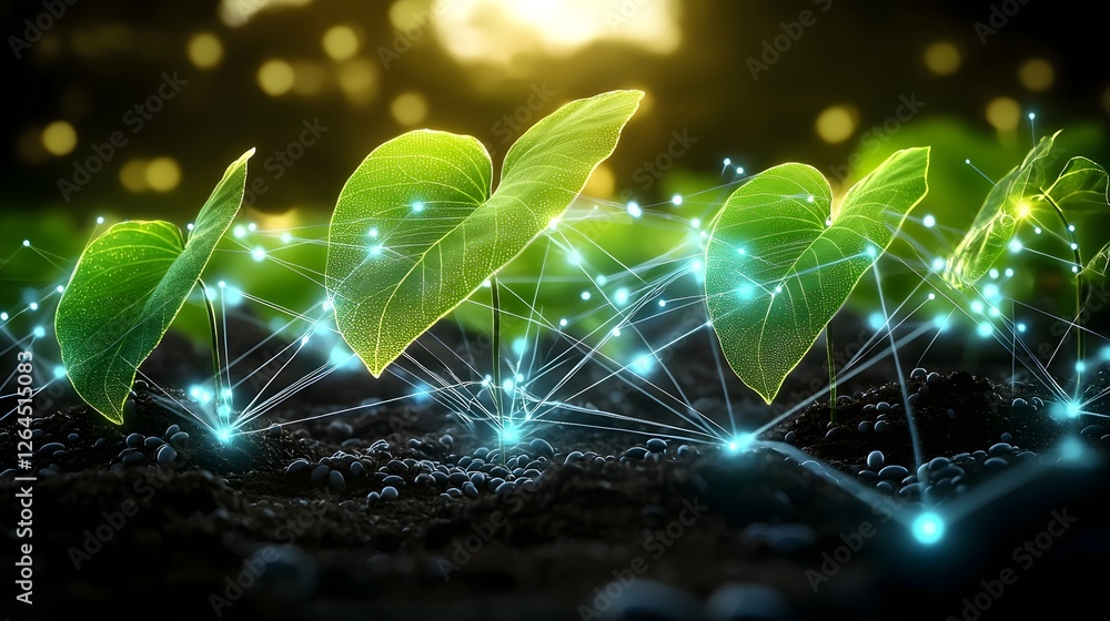 Fototapete A surreal yet depiction of a vast soybean plantation stretching toward the horizon interwoven with softly glowing data points representing cutting edge precision farming technology
