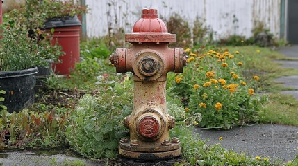 A weathered fire hydrant surrounded by vibrant flowers and greenery in a residential area