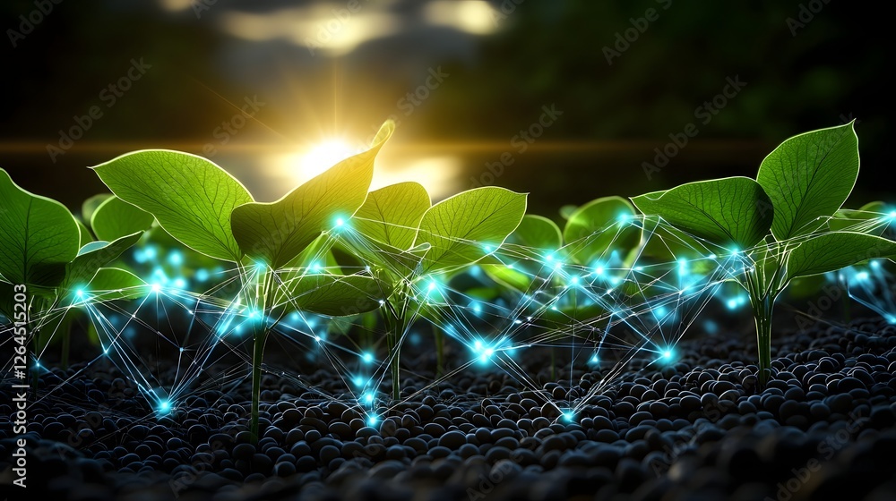 Poster A surreal yet depiction of a vast soybean plantation stretching toward the horizon interwoven with softly glowing data points representing the of precision farming technology for a sustainable