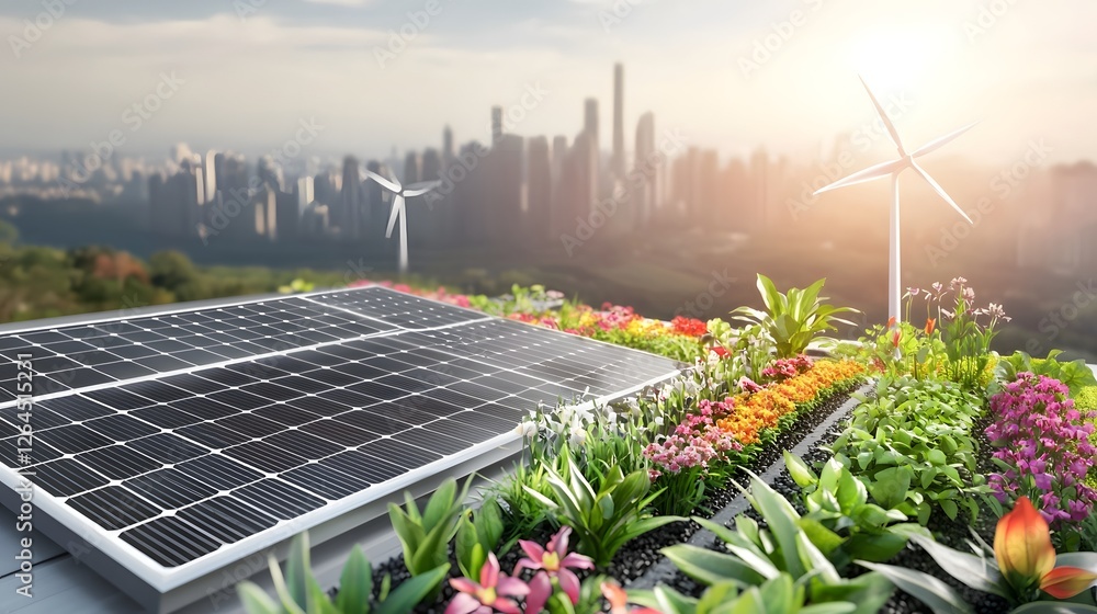 Aufkleber a vibrant rooftop oasis with a diverse array of lush plants and blooming flowers seamlessly integrat