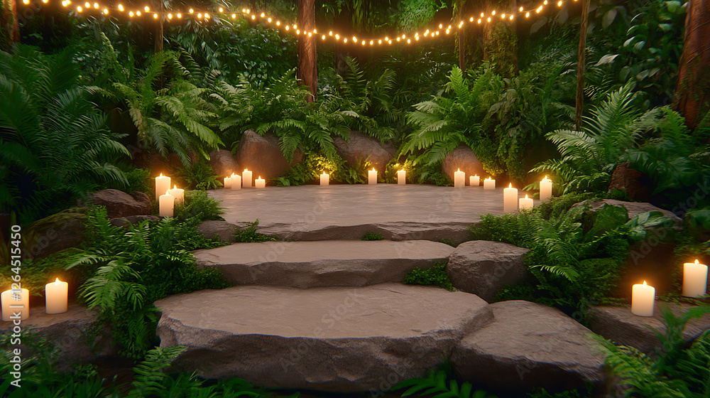 Aufkleber forest stage illuminated by candles and string lights creating enchanting ambience for event