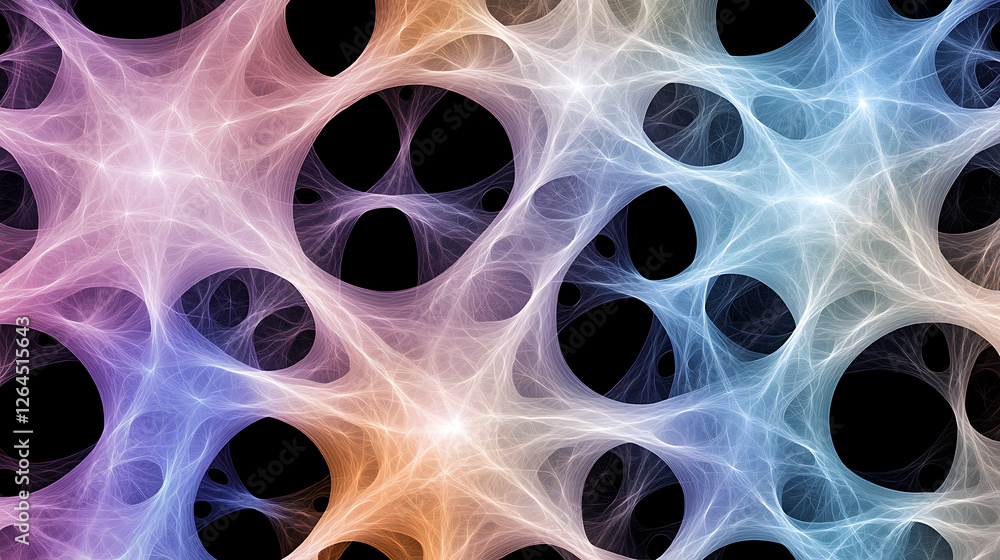 Poster fractal art with connected circular shapes in pastel colors and black background pattern design