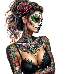 Colorful Floral Sugar Skull Woman for Carnival Day of the Dead of Mardi Gras Day
