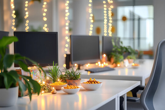 Modern office workspace decorated for Diwali. an open-space office layout. Festive decorations: traditional oil lamps (diyas) placed on desks,and strings of lights. Marigold, jasmine flower garlands