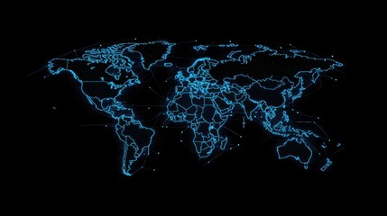 world map blue dots squares pixel art style neon on black background tech technology global globe international connections communication 3d rendered illustration.