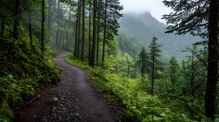 Fototapeta premium Misty Forest Trail Winding Through Lush Green Trees
