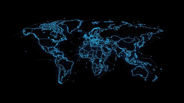 world map blue dots squares pixel art style neon on black background tech technology global globe international connections communication 3d rendered illustration.