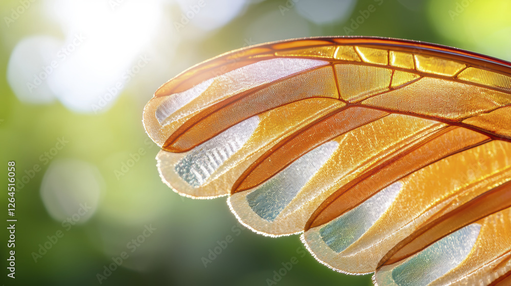 Poster close up of butterfly wing showcasing vibrant colors and intricate patterns, illuminated by sunlight