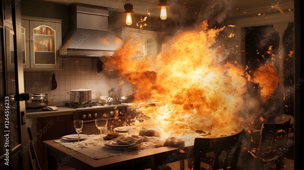 Poster devastating kitchen explosion due to a ruptured gas pipe causing a rapidly spreading fire that creat