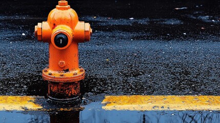 Bright orange fire hydrant standing on a wet street with yellow lines and a blurred background