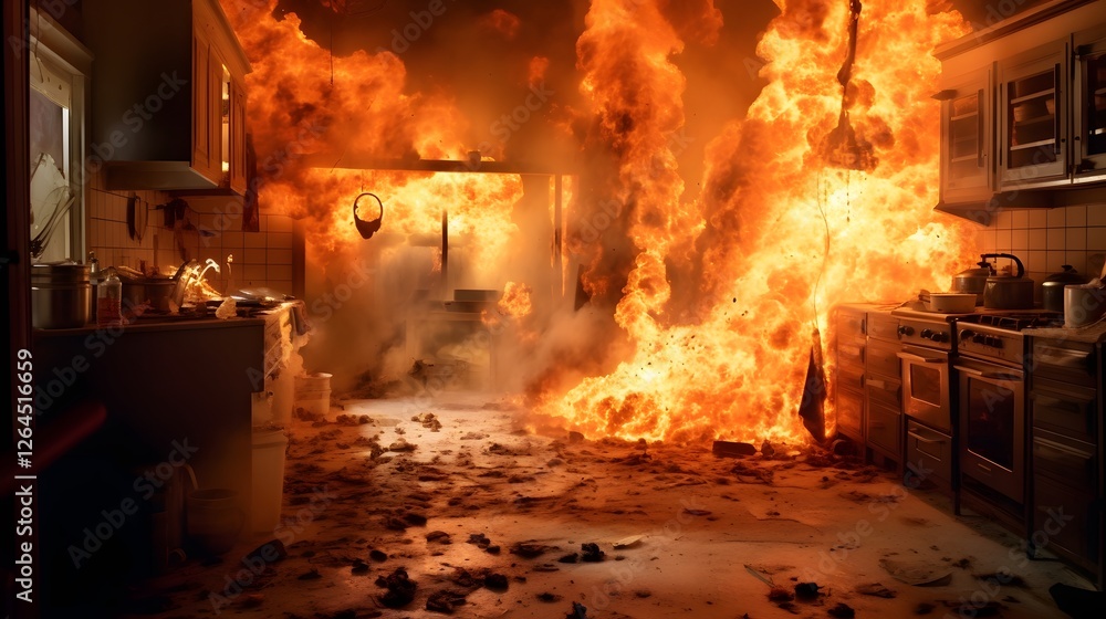 Poster dramatic image capturing the aftermath of a devastating gas explosion that has caused a rapidly spre