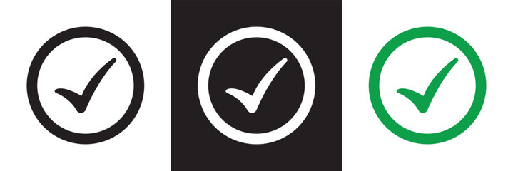 Check Mark icon. Green , black and white  check mark icon. Tick symbol. Correct vote choice symbol.  isolated on white and black background. vector illustration. EPS10
