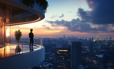 Fototapeta premium Urban Rooftop Reflection, Sunset Cityscape, Businessman, Observation
