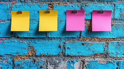Colorful sticky notes pinned on a vibrant blue brick wall, ideal for brainstorming or reminders