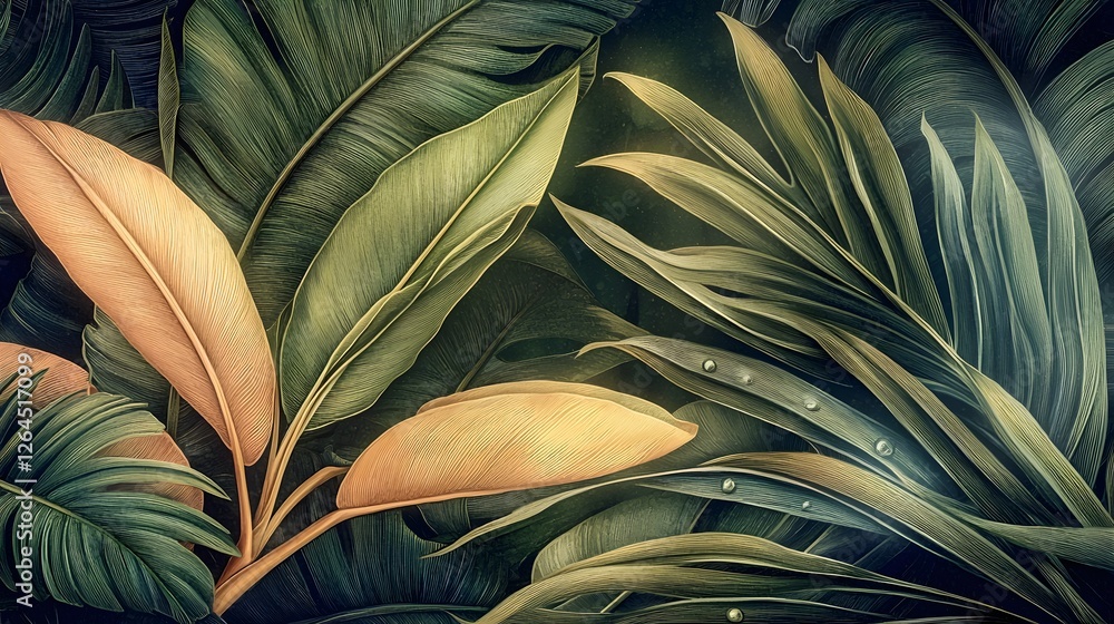 Poster vibrant and lush tropical jungle leaves with delicate dewdrops creating a refreshing botanical backg
